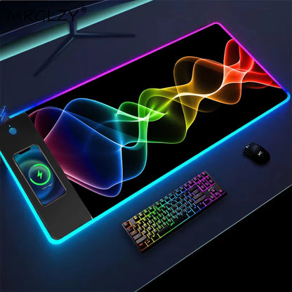 Mouse Pad 900X400 Smoke Waves Rays Light Abstract Wireless Charging Full Gamer Computer Gaming Pad Xxl Laptop Accesories Desktop